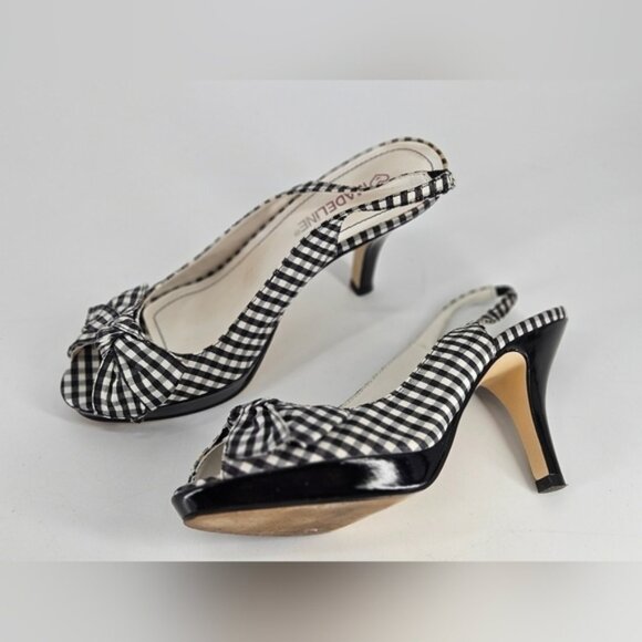 Madeline ELAINE Blk/Wht BUFFALO PLAID Open Toe Slingback Sandal HEELS Size 7.5 M - Picture 1 of 7